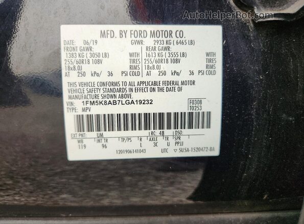 1FM5K8AB7LGA19232 2020 FORD EXPLORER Silver Widok naklejki z numerem VIN
