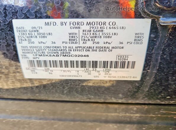 1FM5K8AB7MGC02048 2021 FORD EXPLORER Black Vista de la etiqueta del VIN