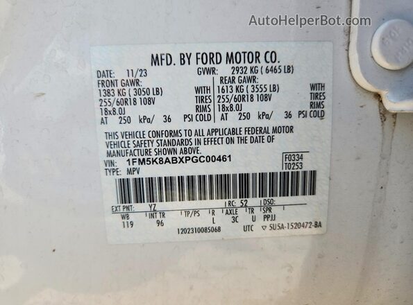 1FM5K8ABXPGC00461 2023 FORD EXPLORER White Vista de la etiqueta del VIN