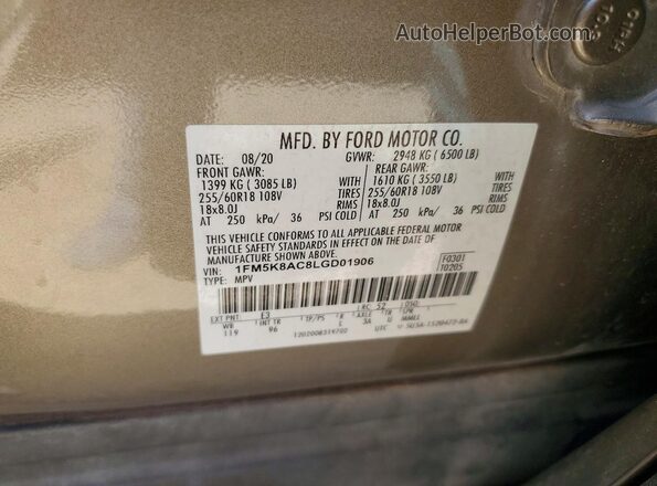 1FM5K8AC8LGD01906 2020 FORD EXPLORER Beige VIN კოდის სტიკერის ხედი