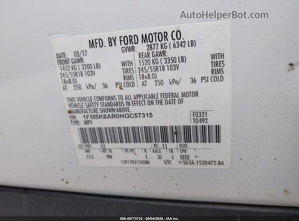 1FM5K8AR0HGC57315 2017 FORD UTILITY POLICE INTERCEPTOR Белый Вид подкапотного пространства