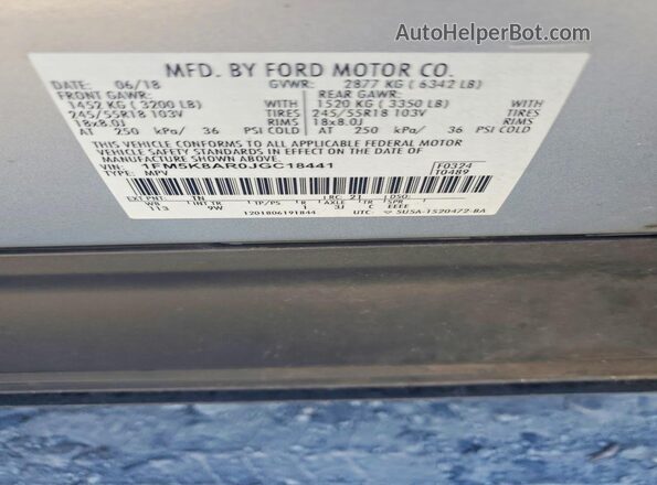 1FM5K8AR0JGC18441 2018 FORD EXPLORER Silver VIN sticker view
