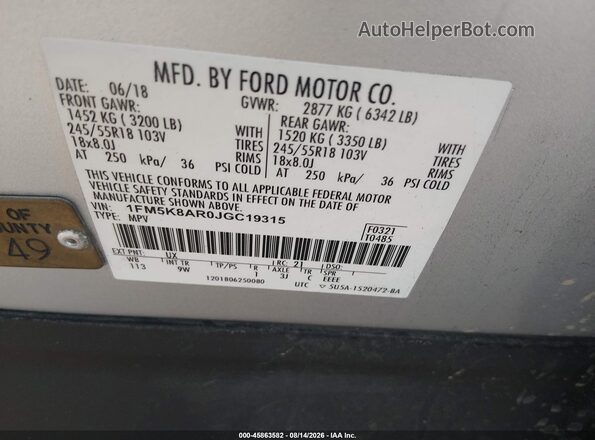 1FM5K8AR0JGC19315 2018 FORD POLICE INTERCEPTOR Silver Vista del compartimento del motor