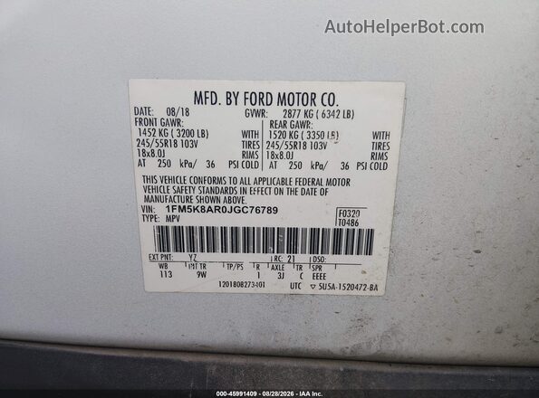 1FM5K8AR0JGC76789 2018 FORD POLICE INTERCEPTOR White Widok komory silnika