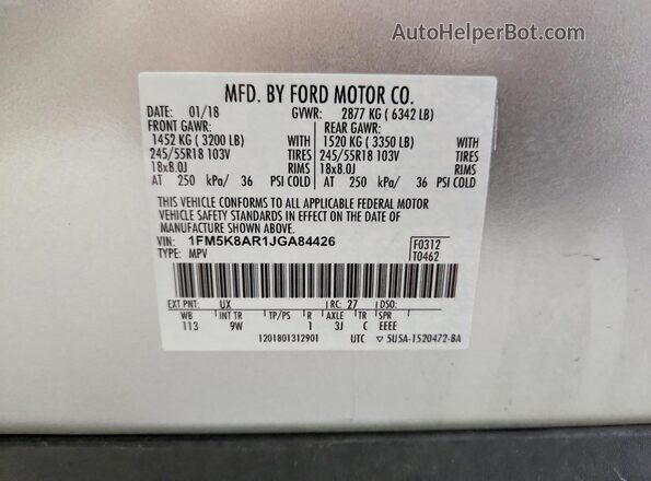 1FM5K8AR1JGA84426 2018 FORD EXPLORER Silver VIN კოდის სტიკერის ხედი