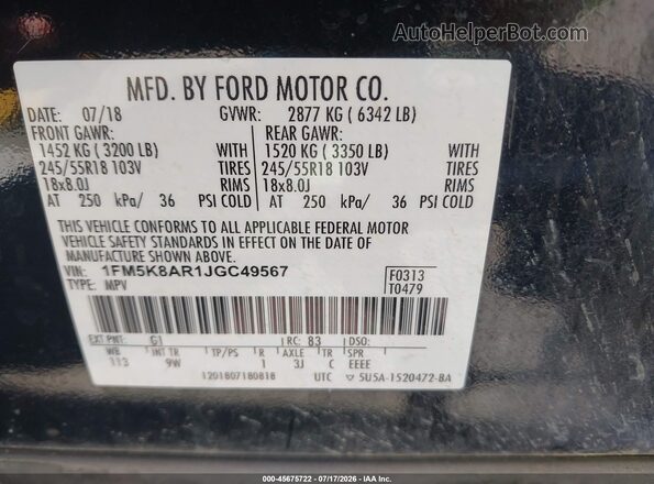 1FM5K8AR1JGC49567 2018 FORD POLICE INTERCEPTOR Black Вид підкапотного простору