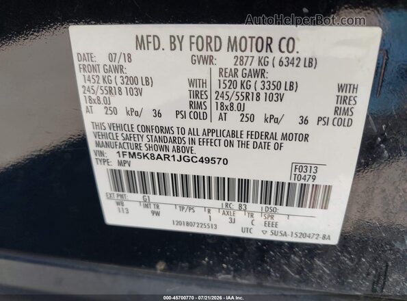 1FM5K8AR1JGC49570 2018 FORD POLICE INTERCEPTOR Black Вид підкапотного простору