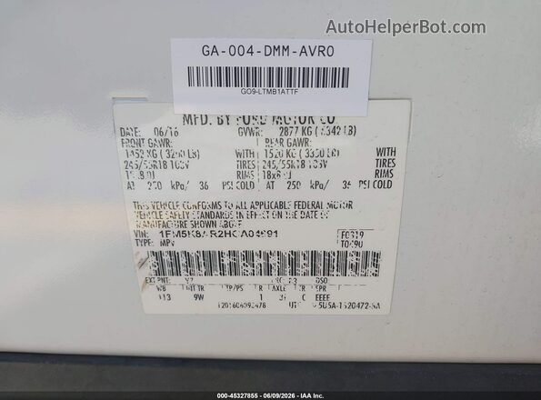 1FM5K8AR2HGA04691 2017 FORD UTILITY POLICE INTERCEPTOR White Vista del compartimento del motor