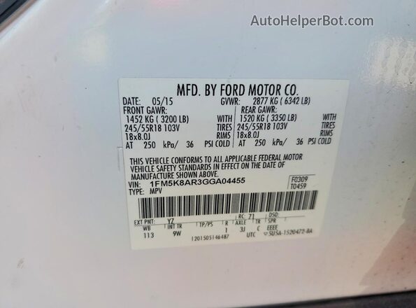 1FM5K8AR3GGA04455 2016 FORD EXPLORER White Widok naklejki z numerem VIN