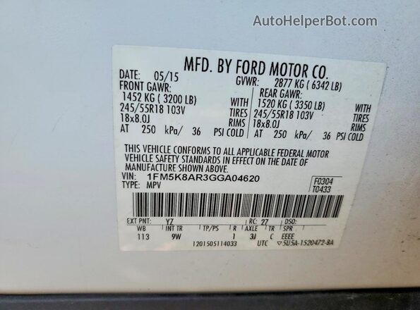 1FM5K8AR3GGA04620 2016 FORD EXPLORER White VIN կոդի պիտակի տեսք