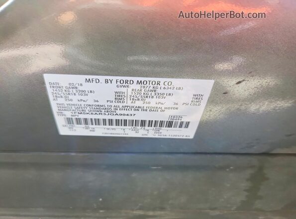 1FM5K8AR3JGA90437 2018 FORD EXPLORER Charcoal Սալոնի 360 աստիճան տեսք
