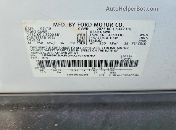 1FM5K8AR3KGA19840 2019 FORD EXPLORER White 