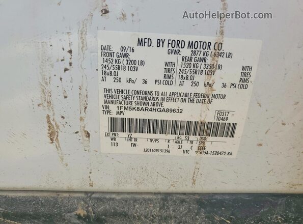 1FM5K8AR4HGA89632 2017 FORD EXPLORER White Вид наклейки з VIN-кодом