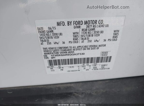 1FM5K8AR5GGA37330 2016 FORD UTILITY POLICE INTERCEPTOR White Շարժիչի բաժամունքի տեսք