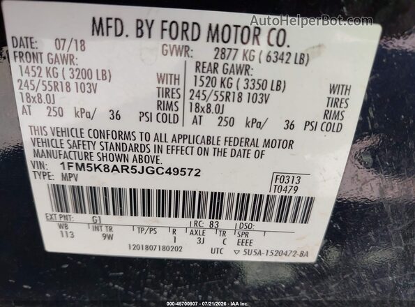 1FM5K8AR5JGC49572 2018 FORD POLICE INTERCEPTOR Black Вид підкапотного простору