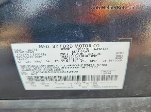 1FM5K8AR6GGC42199 2016 FORD EXPLORER Black Widok naklejki z numerem VIN
