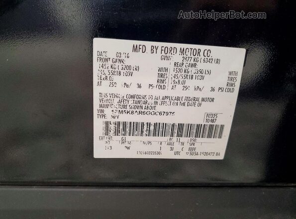1FM5K8AR6GGC67975 2016 FORD EXPLORER Black Вид наклейки з VIN-кодом