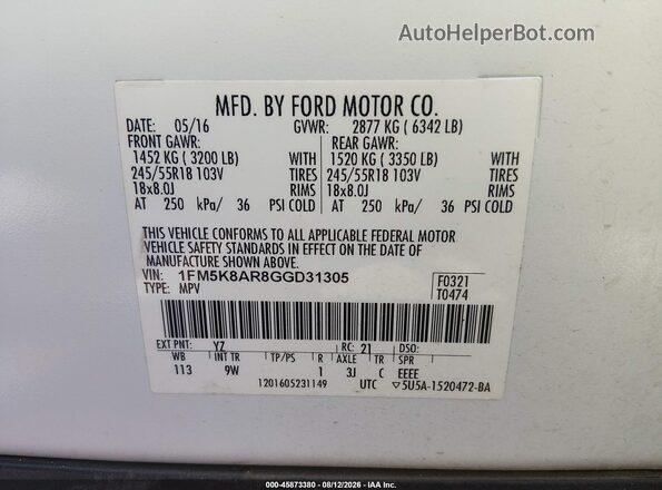 1FM5K8AR8GGD31305 2016 FORD UTILITY POLICE INTERCEPTOR White Widok komory silnika