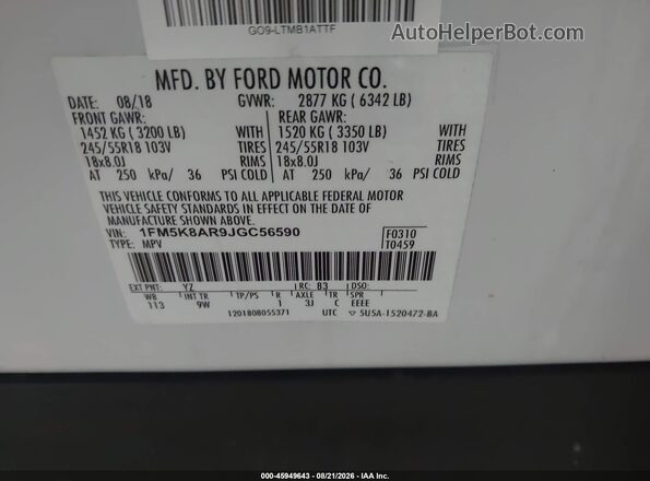 1FM5K8AR9JGC56590 2018 FORD POLICE INTERCEPTOR White Вид підкапотного простору