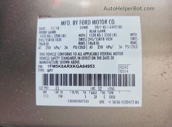 1FM5K8ARXKGA64953 2019 FORD EXPLORER Beige Vista del compartimento del motor