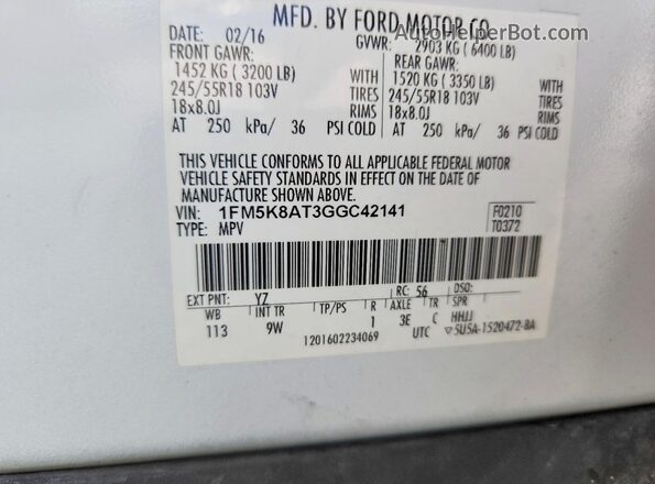 1FM5K8AT3GGC42141 2016 FORD EXPLORER White Vista de la etiqueta del VIN