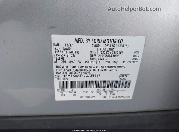 1FM5K8AT4JGA58317 2018 FORD POLICE INTERCEPTOR Silver Engine compartment view