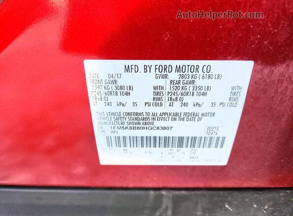 1FM5K8B80HGC83807 2017 FORD EXPLORER Burgundy Vista de la etiqueta del VIN