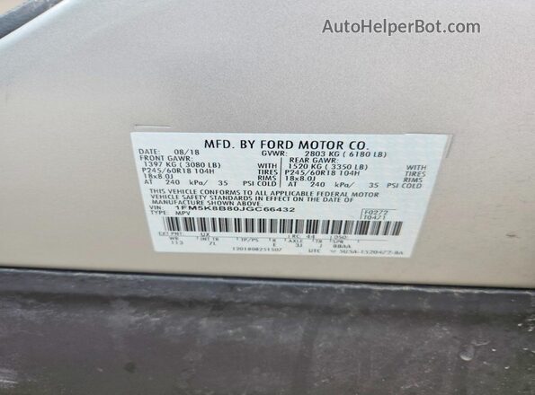 1FM5K8B80JGC66432 2018 FORD EXPLORER Silver Vista de la etiqueta del VIN