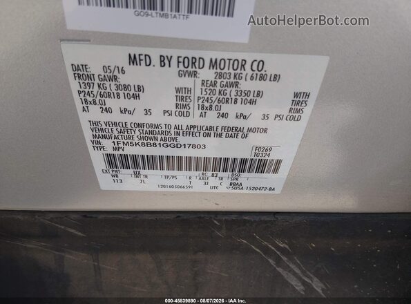 1FM5K8B81GGD17803 2016 FORD EXPLORER Silver Вид підкапотного простору