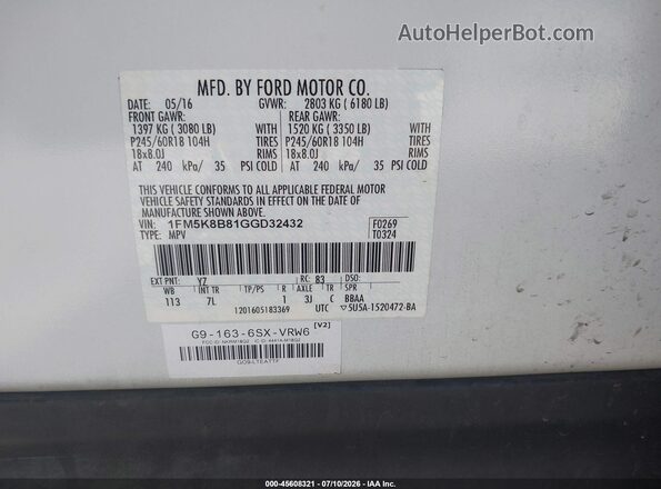 1FM5K8B81GGD32432 2016 FORD EXPLORER White ძრავის განყოფილების ხედი