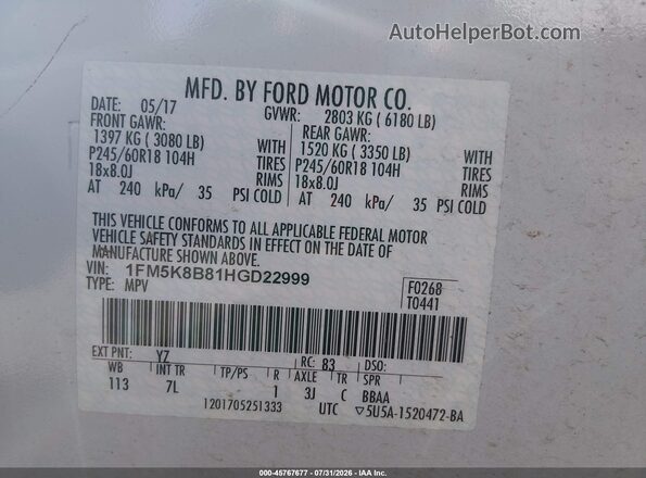 1FM5K8B81HGD22999 2017 FORD EXPLORER White Widok komory silnika