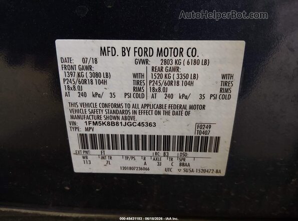 1FM5K8B81JGC45363 2018 FORD EXPLORER Blue Vista del compartimento del motor