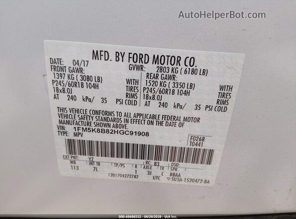 1FM5K8B82HGC91908 2017 FORD EXPLORER White ძრავის განყოფილების ხედი