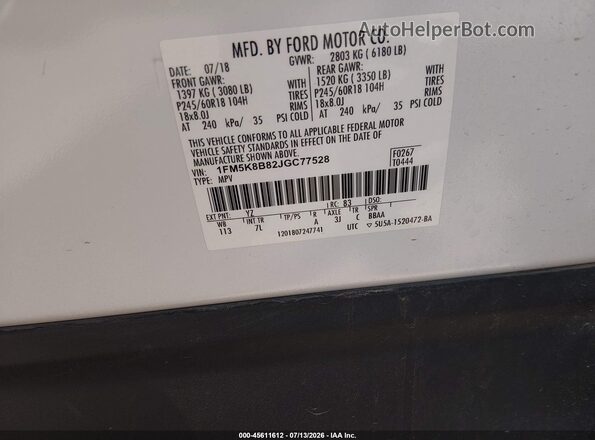 1FM5K8B82JGC77528 2018 FORD EXPLORER White Vista del compartimento del motor