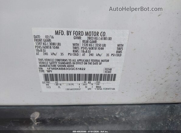 1FM5K8B83GGC51822 2016 FORD EXPLORER Белый Вид подкапотного пространства
