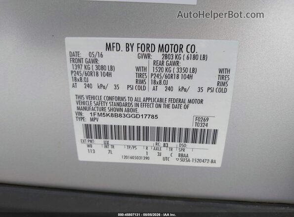 1FM5K8B83GGD17785 2016 FORD EXPLORER Silver Շարժիչի բաժամունքի տեսք