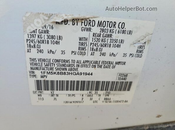 1FM5K8B83HGA91944 2017 FORD EXPLORER White VIN կոդի պիտակի տեսք