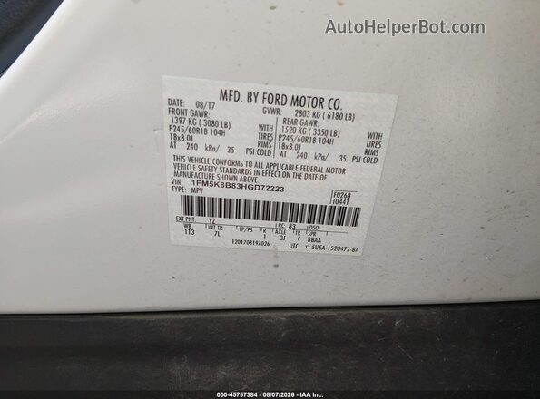 1FM5K8B83HGD72223 2017 FORD EXPLORER White Vista del compartimento del motor