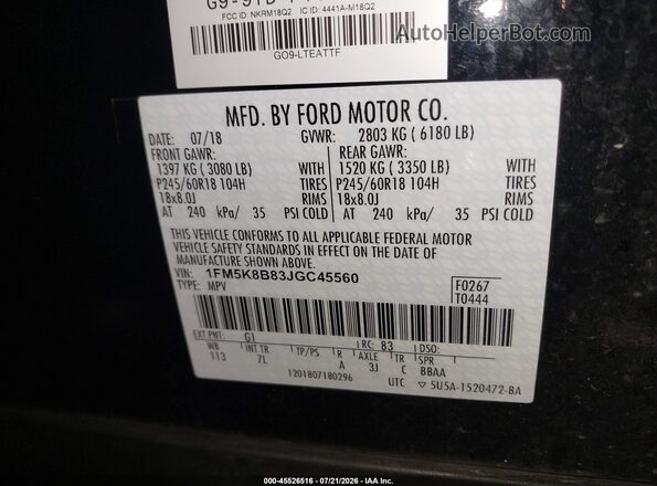 1FM5K8B83JGC45560 2018 FORD EXPLORER Black Vista del compartimento del motor