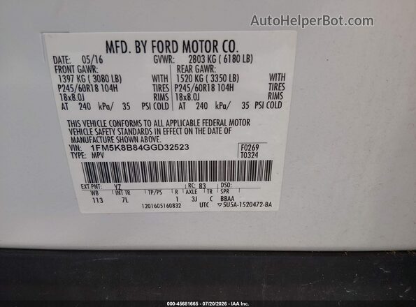 1FM5K8B84GGD32523 2016 FORD EXPLORER Белый Вид подкапотного пространства