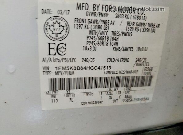 1FM5K8B84HGC41513 2017 FORD EXPLORER White VIN კოდის სტიკერის ხედი