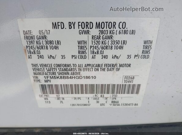 1FM5K8B84HGD18610 2017 FORD EXPLORER White Շարժիչի բաժամունքի տեսք
