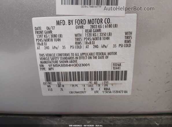 1FM5K8B84HGD23001 2017 FORD EXPLORER Серебряный Вид подкапотного пространства