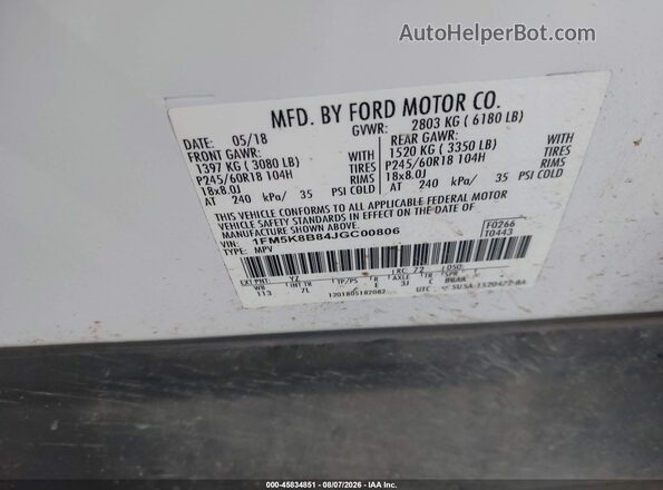 1FM5K8B84JGC00806 2018 FORD EXPLORER Белый Вид подкапотного пространства