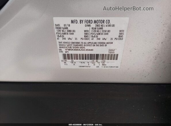 1FM5K8B84JGC45440 2018 FORD EXPLORER Silver Vista del compartimento del motor