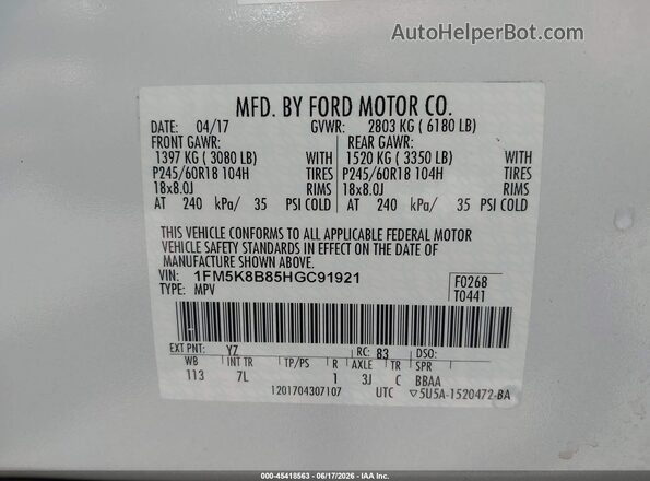1FM5K8B85HGC91921 2017 FORD EXPLORER White Вид підкапотного простору