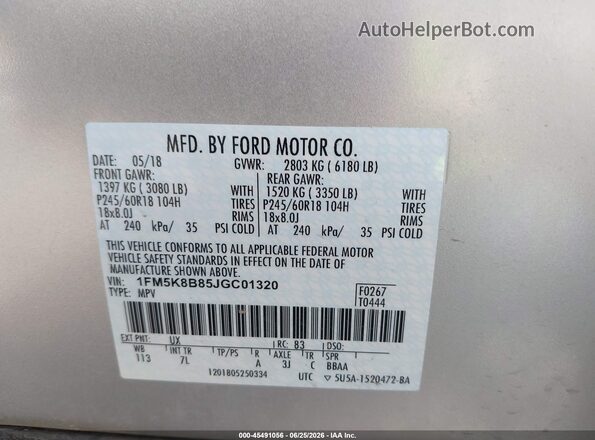 1FM5K8B85JGC01320 2018 FORD EXPLORER Silver Вид підкапотного простору