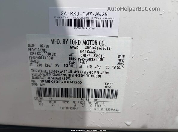 1FM5K8B86JGC45200 2018 FORD EXPLORER White Widok komory silnika