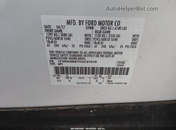 1FM5K8B87HGC91919 2017 FORD EXPLORER Белый Вид подкапотного пространства