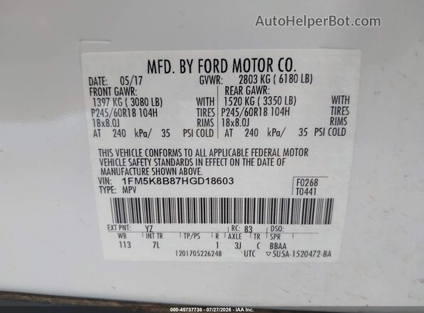 1FM5K8B87HGD18603 2017 FORD EXPLORER White ძრავის განყოფილების ხედი